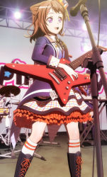 Rule 34 | 1girl, bang dream!, bare legs, black footwear, boots, brown hair, cross-laced footwear, dress, electric guitar, frilled skirt, frills, guitar, highres, instrument, knee boots, lace-up boots, layered dress, purple eyes, screencap, short hair, skirt, socks, stitched, thigh boots, thighhighs, third-party edit, third-party source, toyama kasumi
