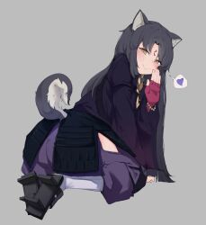 Rule 34 | 1girl, animal ears, arknights, black footwear, black hair, blush, dog ears, dog girl, dog tail, facial mark, fingerless gloves, forehead mark, from behind, gloves, grey background, hand up, heart, highres, hip vent, japanese clothes, kneeling, long hair, long sleeves, looking at viewer, looking back, ouaau21, pants, pink gloves, purple pants, purple shirt, saga (arknights), shirt, simple background, smile, socks, solo, spoken heart, tail, white socks, yellow eyes