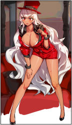 Rule 34 | 1girl, bad id, bad pixiv id, bare legs, breasts, cleavage, collarbone, dungeon and fighter, full body, hat, high heels, highres, jacket, large breasts, long hair, ludaf, open clothes, open mouth, pillow, pussy juice, red eyes, red hat, red jacket, red shorts, room, shorts, underwear, uniform, white hair