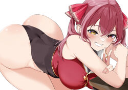 Rule 34 | 100ntomodachi, 1girl, ass, bare shoulders, bent over, breasts, cleavage, heterochromia, highres, hololive, hololive fantasy, houshou marine, huge ass, large breasts, leotard, long hair, looking at viewer, red eyes, sleeveless, smile, solo, thick thighs, thighs, twintails, v, virtual youtuber, white background, wide hips, yellow eyes
