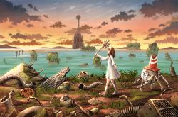 Rule 34 | 1girl, blue eyes, boots, brown hair, building, cloud, debris, dress, from side, holding, knee boots, original, outdoors, power lines, profile, rebar, robot, ruins, solo, sunset, traffic cone, walking, water, white dress, yuuki koutarou