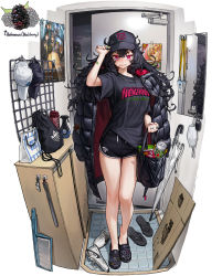 Rule 34 | 1girl, absurdres, alcohol, bag, bandaid, baseball cap, beer, beer can, black bag, black hair, black hat, black jacket, black shirt, black shorts, blackberry (fruit), blush, bottle, box, bright pupils, building, cabinet, can, candy, car keys, cardboard box, chips (food), chocolate, chocolate bar, closed mouth, cloud, collarbone, commentary, crocs, dolphin shorts, door, doorway, drink can, english commentary, expressionless, flip-flops, flipped hair, flyer, food, full body, gift bag, gym shorts, hair between eyes, hand on headwear, hand up, hat, highres, iron man, iron man (series), jacket, jewelry, long hair, looking at viewer, marvel, mask, messy hair, mirror, mouth mask, name tag, necklace, night, night sky, nike (company), open door, original, oversized clothes, plastic bag, poster (object), print shirt, red eyes, reference inset, ring, rinotuna, sandals, shirt, shoehorn, shoes, short sleeves, shorts, sky, sneakers, solo, sonic (series), sonic the hedgehog, straight-on, sweat, thighs, tony stark, umbrella, water bottle, white hat, white pupils, white trim