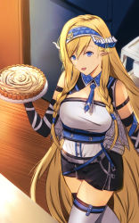 Rule 34 | 1girl, :d, absurdly long hair, arknights, arm strap, bare shoulders, black gloves, black skirt, blonde hair, blue eyes, blue hairband, blue necktie, breasts, commentary request, cowboy shot, elbow gloves, food, gloves, hair between eyes, hairband, highres, holding, holding food, horns, indoors, long hair, looking at viewer, medium breasts, miniskirt, necktie, open mouth, pointy ears, saileach (arknights), shirt, skirt, smile, solo, standing, tenjinmeshi, thighhighs, very long hair, white shirt, white thighhighs, zettai ryouiki