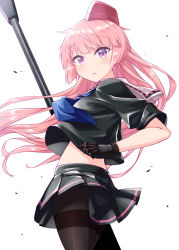 Rule 34 | 1girl, anti-materiel rifle, black gloves, black pantyhose, black shirt, black skirt, blue neckwear, commentary request, denel land systems, floating hair, garrison cap, girls&#039; frontline, gloves, gun, harada (sansei rain), hat, highres, long hair, looking at viewer, looking to the side, mini hat, name connection, ntw-20, ntw-20 (girls&#039; frontline), object namesake, pantyhose, parted lips, pink hair, pleated skirt, purple eyes, red hat, rifle, shirt, short sleeves, simple background, skirt, sniper rifle, solo, thighband pantyhose, very long hair, weapon, white background