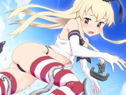 Rule 34 | 10s, 1girl, anchor hair ornament, bare shoulders, black panties, blonde hair, crop top, elbow gloves, enemy naval mine (kancolle), fang, gloves, grey eyes, hair ornament, highleg, highleg panties, kantai collection, kurokaji, long hair, open mouth, panties, shimakaze (kancolle), skirt, striped clothes, striped thighhighs, tentacles, thighhighs, thong, underwear, unworn skirt, white gloves