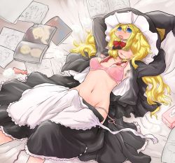 Rule 34 | 1boy, :p, apron, armpit hair, armpits, arms up, black jacket, black skirt, blonde hair, bra, bulge, closed mouth, commentary request, cookie (touhou), crossdressing, erection, erection under clothes, feet out of frame, frilled apron, frilled skirt, frills, hazuna rio, jacket, kirisame marisa, long hair, lying, male focus, manga (object), navel, on back, otemoto (baaaaloooo), panties, pink bra, pink panties, shirt, skirt, smile, solo, tissue box, tongue, tongue out, touhou, underwear, undressing, used tissue, waist apron, white apron, white shirt