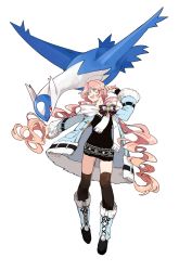 Rule 34 | 1girl, black thighhighs, blue eyes, boots, bow, coat, creatures (company), dress, drill hair, full body, fur trim, game freak, gen 3 pokemon, highres, jionghai, latios, legendary pokemon, long hair, looking at another, nintendo, open mouth, outstretched hand, pink hair, pokemon, pokemon (creature), scarf, simple background, sweater, sweater dress, thighhighs, twin drills, very long hair, white background