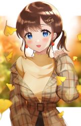 Rule 34 | 1girl, :d, arm up, autumn, autumn leaves, belt, blue eyes, blurry, blurry background, brown hair, brown jacket, brown shirt, commentary request, cowboy shot, earrings, ginkgo tree, hair ornament, hairclip, highres, jacket, jewelry, leaf, letterboxed, long sleeves, looking at viewer, nail polish, niwata0, open mouth, original, plaid, plaid jacket, shirt, short hair, side ponytail, sidelocks, smile, solo, standing, turtleneck, upper body, x hair ornament
