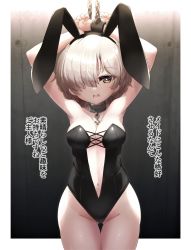 Rule 34 | 1girl, :o, alternate costume, animal ear headwear, animal ears, armpits, arms behind head, arms up, azur lane, bare shoulders, bdsm, black leotard, blonde hair, bound, bound wrists, breasts, cleavage, commentary request, cowboy shot, cross-laced leotard, cuffs, expressionless, fake animal ears, groin, hair over one eye, handcuffs, highres, hip focus, kado (hametunoasioto), leotard, looking at viewer, medium breasts, medium hair, midriff, navel, no bra, rabbit ears, restrained, sheffield (azur lane), solo, teeth, thigh gap, thighs, translation request, upper teeth only, yellow eyes