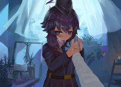 Rule 34 | 1boy, 1girl, absurdres, black headwear, black jacket, blue archive, blue eyes, blush, closed mouth, curtains, dokomon, garrison cap, hair between eyes, hair ornament, hairclip, halo, hand grab, haruka (blue archive), hat, highres, holding, holding towel, indoors, jacket, juliet sleeves, long sleeves, looking at viewer, moonlight, night, out of frame, plant, potted plant, puffy sleeves, purple hair, smile, solo focus, towel, transparent, window