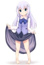 Rule 34 | 1girl, 3:, absurdres, bare legs, barefoot, black skirt, blue bow, blue bowtie, blue eyes, blue hair, blue vest, bow, bowtie, breasts, buttons, closed mouth, commentary request, dress shirt, full body, gochuumon wa usagi desu ka?, hair between eyes, hair ornament, hairclip, highres, kafuu chino, light blue hair, long hair, long sleeves, looking at viewer, rabbit house uniform, shadow, shirt, sidelocks, simple background, skirt, skirt hold, small breasts, solo, standing, sweatdrop, toes, vest, white background, white shirt, x hair ornament, yaplus