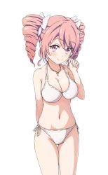 Rule 34 | 1girl, bikini, blush, breasts, cleavage, closed mouth, collarbone, cross, cross necklace, drill hair, feet out of frame, female focus, groin, hair ornament, hair ribbon, halterneck, jashin-chan dropkick, jewelry, large breasts, looking at viewer, navel, necklace, pink hair, pino (jashin-chan dropkick), red eyes, ribbon, short hair, side-tie bikini bottom, simple background, smile, solo, standing, string bikini, swimsuit, tomato (papanohimitsu), twin drills, twintails, white background, white bikini