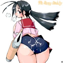 Rule 34 | 1girl, ass, black hair, breath, buruma, cum, cum on ass, cum on clothes, hinayama rio, long hair, looking at viewer, looking back, lowres, oekaki, school uniform, simple background, solo, to heart, to heart (series), twintails, white background, yonezuka ryou