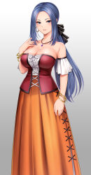 Rule 34 | 1girl, bare shoulders, black bow, blue eyes, blue hair, bow, bracelet, breasts, cleavage, comiket 101, corset, cross-laced clothes, cross-laced corset, detached sleeves, dragon quest, earrings, gradient background, hair bow, hand up, highres, hoop earrings, jewelry, large breasts, long hair, looking at viewer, necklace, orange skirt, parted lips, ponytail, ruida, shirt, simple background, skirt, st.germain-sal, white shirt