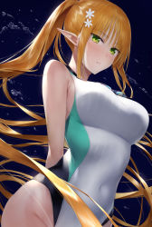 Rule 34 | 1girl, akitaka akita, arms behind back, bare shoulders, blonde hair, blush, breasts, competition swimsuit, covered navel, elf, flower, hair flower, hair ornament, highres, large breasts, long hair, looking at viewer, one-piece swimsuit, original, parted lips, pointy ears, ponytail, sidelocks, solo, swimsuit, very long hair