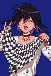 Rule 34 | :d, absurdres, black hair, black scarf, blue background, buttons, checkered background, checkered clothes, checkered scarf, closed eyes, collarbone, commentary request, danganronpa (series), danganronpa v3: killing harmony, double-breasted, extra mouth, facing viewer, fangs, hair between eyes, happy, highres, holding, holding clothes, holding scarf, jacket, long sleeves, male focus, multicolored hair, oma kokichi, open mouth, purple hair, sanmian (chidarakeno), scarf, short hair, simple background, smile, solo, straitjacket, teeth, unworn scarf, upper body