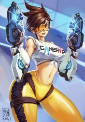 Rule 34 | 1girl, breasts, brown eyes, brown hair, contrapposto, dual wielding, gloves, gun, handgun, holding, karla diaz castro, large breasts, lips, looking at viewer, navel, overwatch, overwatch 1, pants, pistol, raised eyebrow, shirt, short hair, signature, smile, solo, standing, tank top, thighs, tied shirt, tight clothes, tight pants, tracer (overwatch), weapon, wide hips