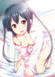Rule 34 | 1girl, all fours, bare shoulders, barefoot, bent over, black hair, blush, breasts, brown eyes, k-on!, kashi, kneeling, nakano azusa, nipples, open clothes, open mouth, open shirt, round teeth, shirt, small breasts, teeth, twintails