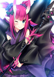 Rule 34 | 1girl, ;), black bow, blue eyes, blush, bow, breasts, closed mouth, commentary request, elizabeth bathory (fate), elizabeth bathory (japan) (fate), fate/grand order, fate (series), frills, hair between eyes, hair bow, hair ornament, hair scrunchie, highres, holding, horns, japanese clothes, kimono, ko yu, long hair, long sleeves, multicolored hair, official alternate costume, one eye closed, pink hair, purple kimono, purple scrunchie, scrunchie, sidelocks, simple background, sleeveless, sleeveless kimono, sleeves past wrists, small breasts, smile, solo, streaked hair, two side up, white background, white hair, wide sleeves