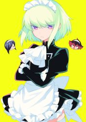 Rule 34 | 3boys, alternate costume, apron, ascot, black dress, blonde hair, blue hair, crossdressing, crossed arms, dress, enmaided, frills, gueira, hair over one eye, lio fotia, mad burnish, maid, maid apron, maid headdress, male focus, meis (promare), multiple boys, nikyuppa, open mouth, promare, puffy sleeves, purple eyes, red hair, smile, solo focus, trap, waist apron, white legwear