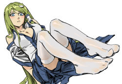 Rule 34 | 1girl, bare shoulders, blue eyes, blue skirt, breasts, cleavage, closed mouth, collared shirt, detached sleeves, dutch angle, feet, female focus, foot focus, foreshortening, frog hair ornament, green hair, hair ornament, hair tubes, head tilt, kochiya sanae, large breasts, long hair, long sleeves, ruukii drift, shirt, simple background, sitting, skirt, solo, thighhighs, touhou, very long hair, white background, white shirt, white thighhighs, wide sleeves, wing collar