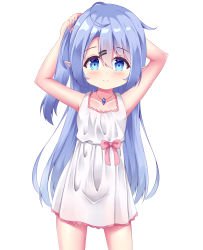 1girl, absurdres, ahoge, armpits, arms behind head, arms up, blue eyes, blue hair, child, dress, elf, hair ornament, hairclip, highres, jewelry, kianata, long hair, original, pendant, pointy ears, side ponytail, simple background, smile, solo, sundress, white background, white dress