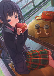 Rule 34 | 1girl, aiuabo, bag, bare tree, bench, black coat, black eyes, black hair, blush, box, coat, coffee cup, commentary request, cup, disposable cup, gift, green skirt, handbag, heart-shaped box, highres, holding, holding gift, long hair, long sleeves, looking at viewer, nail polish, original, plaid, plaid skirt, railing, red nails, red skirt, ribbon, shopping bag, sitting, skirt, smile, solo, table, tree, two-tone skirt, valentine