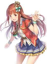 Rule 34 | 1girl, :d, belt, black belt, black necktie, blue skirt, bow, breasts, brown eyes, brown hair, cowboy shot, crown, frilled skirt, frills, hair bow, hand up, idol clothes, idolmaster, idolmaster million live!, idolmaster million live! theater days, jacket, long hair, looking at viewer, mini crown, miniskirt, nanaran, necktie, open clothes, open jacket, open mouth, red jacket, shiny trinity (idolmaster), shirt, short sleeves, simple background, skirt, small breasts, smile, solo, tanaka kotoha, white background, white shirt, wrist cuffs
