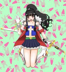 Rule 34 | amakusa shiro tokisada, beads, belt, black hair, bow, bowtie, brown eyes, carrot, cross, crossdressing, earrings, gloves, highres, history, jacket, jewelry, lace, ponytail, rabbit, rosary, ruffle, sandals, skirt, sword, thighhighs, trap, weapon