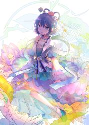 Rule 34 | 1girl, blue dress, blue eyes, blue footwear, blue hair, breasts, chisel, closed mouth, collarbone, commentary request, dress, floral background, flower, hagoromo, hair flower, hair ornament, hair rings, hair stick, holding, holding stick, jewelry, kaku seiga, kazu (muchuukai), long sleeves, looking at viewer, medium breasts, necklace, pink flower, ribbon, see-through, shawl, short hair, smile, solo, stick, touhou, vest, white background, white vest, wide sleeves, yellow ribbon