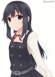 Rule 34 | 1girl, asashio (kancolle), belt, belt buckle, black dress, black hair, buckle, buttons, collared shirt, double-breasted, dress, dress shirt, from side, grey belt, grey eyes, highres, kantai collection, long hair, long sleeves, looking at viewer, looking to the side, neck ribbon, pinafore dress, red ribbon, ribbon, shirt, shirt under dress, simple background, sleeveless, sleeveless dress, smile, solo, twitter username, white background, white shirt, yoriha yashiro