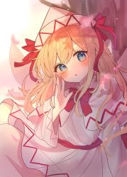 Rule 34 | 1girl, blonde hair, blue eyes, blue nails, blush, bow, bowtie, cherry blossoms, chikuwa (tikuwaumai ), commentary request, dress, fairy wings, hand up, hat, hat ribbon, highres, lily white, long hair, looking at viewer, nail polish, red bow, red bowtie, red ribbon, ribbon, solo, spring (season), touhou, upper body, white dress, white hat, wide sleeves, wings