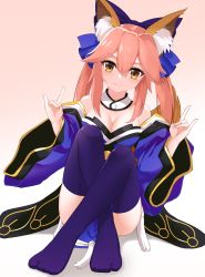 Rule 34 | 1girl, absurdres, animal ear fluff, animal ears, bare shoulders, blue kimono, blue ribbon, blue thighhighs, blush, breasts, cleavage, crossed legs, detached sleeves, double fox shadow puppet, fang, fate/extella, fate/extra, fate/grand order, fate (series), fox ears, fox girl, fox shadow puppet, fox tail, gradient background, hair ribbon, highres, japanese clothes, kimono, large breasts, looking at viewer, nanju bami, pink hair, ribbon, skin fang, solo, tail, tamamo (fate), tamamo no mae (fate/extra), thighhighs, yellow eyes