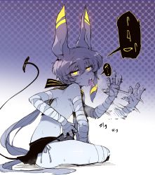 Rule 34 | 1girl, absurdres, animal ears, arm wrap, bags under eyes, breasts, egyptian, extra arms, fellatio gesture, female focus, glowing, glowing eyes, halftone, halftone background, hieroglyphics, highres, indian style, karasu raven, monster girl, open mouth, original, ponytail, purple hair, saliva, saliva trail, sitting, skirt, solo, sweat, tail, tongue, tongue out, topless, yellow eyes