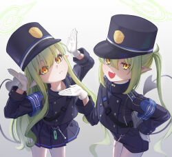 Rule 34 | 2girls, armband, bag, black bag, blue archive, blue armband, buttons, demon tail, double-breasted, fang, from above, frown, gloves, gradient background, green hair, green halo, hair between eyes, halo, hand on own hip, hand up, hands up, hat, hikari (blue archive), nozomi (blue archive), highres, jacket, kepi, long hair, long long life, looking at viewer, military hat, multiple girls, pantyhose, pleated skirt, pointy ears, purple hat, purple jacket, purple shorts, purple skirt, short shorts, shorts, shoulder bag, siblings, sidelocks, simple background, skin fang, skirt, smile, tail, twins, twintails, v-shaped eyebrows, very long hair, white gloves, white pantyhose, yellow eyes