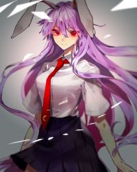 Rule 34 | 1girl, animal ears, black skirt, breasts, commentary request, cowboy shot, crescent, fuuga (perv rsity), glowing, glowing eyes, grey background, highres, long hair, medium breasts, necktie, purple hair, rabbit ears, rabbit girl, red eyes, red necktie, reisen udongein inaba, ringed eyes, shirt, short sleeves, skirt, solo, tie clip, touhou, white shirt