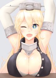Rule 34 | 10s, 1girl, armpits, arms up, bad id, bad pixiv id, blonde hair, blue eyes, breast rest, breasts, cleavage, elbow gloves, gloves, hat, highres, iowa (kancolle), ippers, kantai collection, large breasts, long hair, one eye closed, open mouth, solo, star-shaped pupils, star (symbol), symbol-shaped pupils