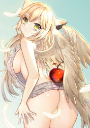 Rule 34 | 1girl, :&lt;, animal ears, apple, ass, bare arms, bare shoulders, blonde hair, blush, breasts, brown wings, cleft of venus, closed mouth, commentary request, convenient censoring, feathered wings, food, from behind, fruit, highres, large breasts, long hair, looking at viewer, looking back, lydia601304, meme attire, no panties, original, pussy, pussy peek, red apple, ribbed sweater, short eyebrows, sideboob, solo, sweater, thick eyebrows, very long hair, virgin killer sweater, wings, yellow eyes