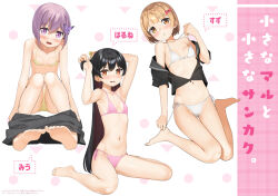 Rule 34 | 3girls, :o, adjusting hair, apollo (hu maple), armpits, arms up, barefoot, bikini, black hair, black sailor collar, black shirt, black skirt, blush, bow, breasts, brown eyes, brown hair, butterfly hair ornament, character name, full body, groin, hair between eyes, hair bow, hair ornament, highres, looking at viewer, multiple girls, navel, open clothes, open mouth, open shirt, original, parted lips, partially translated, pink bikini, pink bow, purple hair, sailor collar, shirt, short hair, side-tie bikini bottom, sitting, skirt, small breasts, soles, stomach, swimsuit, toes, translation request, wariza, white bikini, yellow bikini
