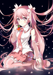 Rule 34 | 1girl, blush, boots, cherry, detached sleeves, food, fruit, hatsune miku, long hair, looking at viewer, necktie, pink eyes, pink footwear, pink hair, sakura miku, shiba inu (happy13227), sitting, skirt, solo, thigh boots, thighhighs, twintails, very long hair, vocaloid