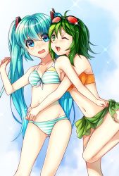 Rule 34 | 2girls, ;d, akayan, bad id, bad pixiv id, bikini, blue eyes, blue hair, cheek-to-cheek, goggles, goggles on head, green eyes, green hair, gumi, hatsune miku, heads together, hug, hug from behind, long hair, looking at viewer, multiple girls, navel, one eye closed, open mouth, short hair, smile, swimsuit, twintails, vocaloid