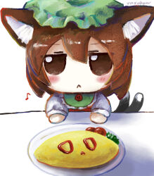 Rule 34 | 1girl, :&lt;, animal ear fluff, animal ears, artist name, blush, brown eyes, brown hair, cat ears, cat tail, chen, chibi, closed mouth, food, frills, fumo (doll), green hat, hair between eyes, hat, highres, jitome, ketchup, long sleeves, looking at viewer, medium hair, mob cap, multiple tails, no nose, omelet, omurice, plate, signature, simple background, solo, straight-on, table, tail, tomato, touhou, two tails, upper body, white background, yakumora n