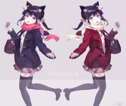 Rule 34 | 1girl, :o, animal ears, bag, black footwear, black hair, black thighhighs, blue jacket, blush, brown skirt, buttons, cellphone, commentary request, hair ornament, hand up, holding, holding phone, jacket, leg up, loafers, long sleeves, looking at viewer, miniskirt, multiple views, open clothes, open jacket, open mouth, original, phone, pink scarf, plaid, plaid skirt, purple eyes, red jacket, sanbasou, scarf, shirt, shoes, shoulder bag, sidelocks, signature, skirt, sleeves past wrists, smartphone, standing, standing on one leg, sweater, symmetry, teeth, thighhighs, twintails, upper teeth only, white scarf, white shirt, zettai ryouiki