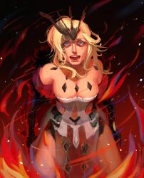 Rule 34 | 1girl, bare shoulders, blonde hair, blue eyes, breasts, cape, cleavage, dress, fire, genshin impact, gloves, highres, kneeling, kreescript, large breasts, pelvic curtain, red cape, red lips, strapless, strapless dress, tagme