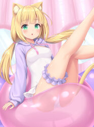 Rule 34 | 1girl, :o, animal ears, balloon, blonde hair, blunt bangs, blush, breasts, bridal garter, casual one-piece swimsuit, cat ears, cat girl, cat tail, feet out of frame, green eyes, highres, long hair, low twintails, medium breasts, one-piece swimsuit, original, sasaame, shrug (clothing), sitting, solo, swimsuit, tail, twintails, white one-piece swimsuit
