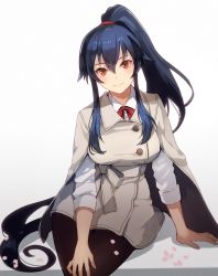 Rule 34 | 1girl, arm support, black hair, black legwear, brown eyes, cherry blossoms, highres, kantai collection, kasumi (skchkko), long hair, looking at viewer, petals, ponytail, red neckwear, shirt, simple background, sitting, solo, very long hair, white background, white shirt, yahagi (kancolle)
