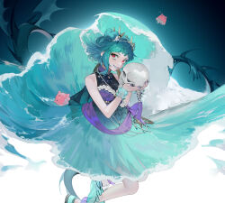 Rule 34 | 1girl, bad id, bad pixiv id, bare shoulders, blue hair, character request, copyright request, dress, floating, hairband, highres, holding, holding skull, looking at viewer, ohisashiburi, red eyes, sea dragon, sharp teeth, short hair, skull, sleeveless, smile, solo, teeth, waves