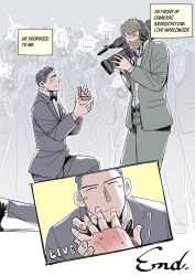 Rule 34 | 2boys, 6+others, absurdres, akahachi, beard, black suit, blush, bow, bowtie, closed eyes, crowd, embarrassed, english text, facial hair, formal, glasses, green suit, happy, headphones, highres, jewelry, marriage proposal, multiple boys, multiple others, original, recording, ring, ring box, suit, surprised, tv camera, video camera, wedding ring, yaoi