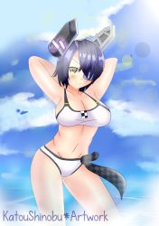 Rule 34 | 10s, 1girl, arms behind head, arms up, bad id, bad pixiv id, bikini, blue sky, blush, breasts, cleavage, day, female focus, highres, kantai collection, katou shinobu, large breasts, looking at viewer, navel, purple hair, sky, smile, solo, swimsuit, tenryuu (kancolle), white bikini, yellow eyes