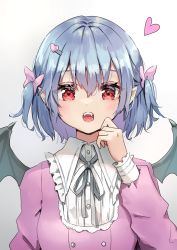Rule 34 | 1girl, bat wings, blush, frills, grey background, hair between eyes, hair ornament, hair ribbon, hand up, heart, highres, long sleeves, looking at viewer, neck ribbon, open mouth, pink ribbon, pointy ears, red eyes, remilia scarlet, ribbon, shironeko yuuki, shirt, short hair, solo, touhou, upper body, white background, wings